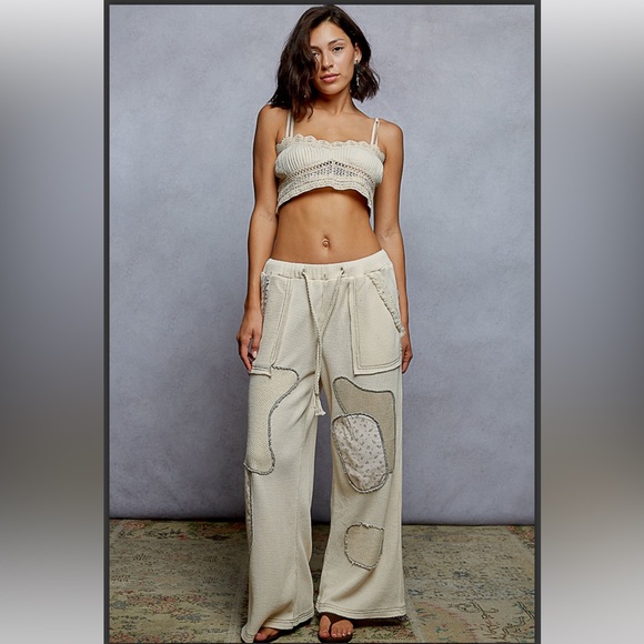 Women's Cream Patchwork Pants Relaxed Fit in Thermal Patch Detail - Picture 2 of 9